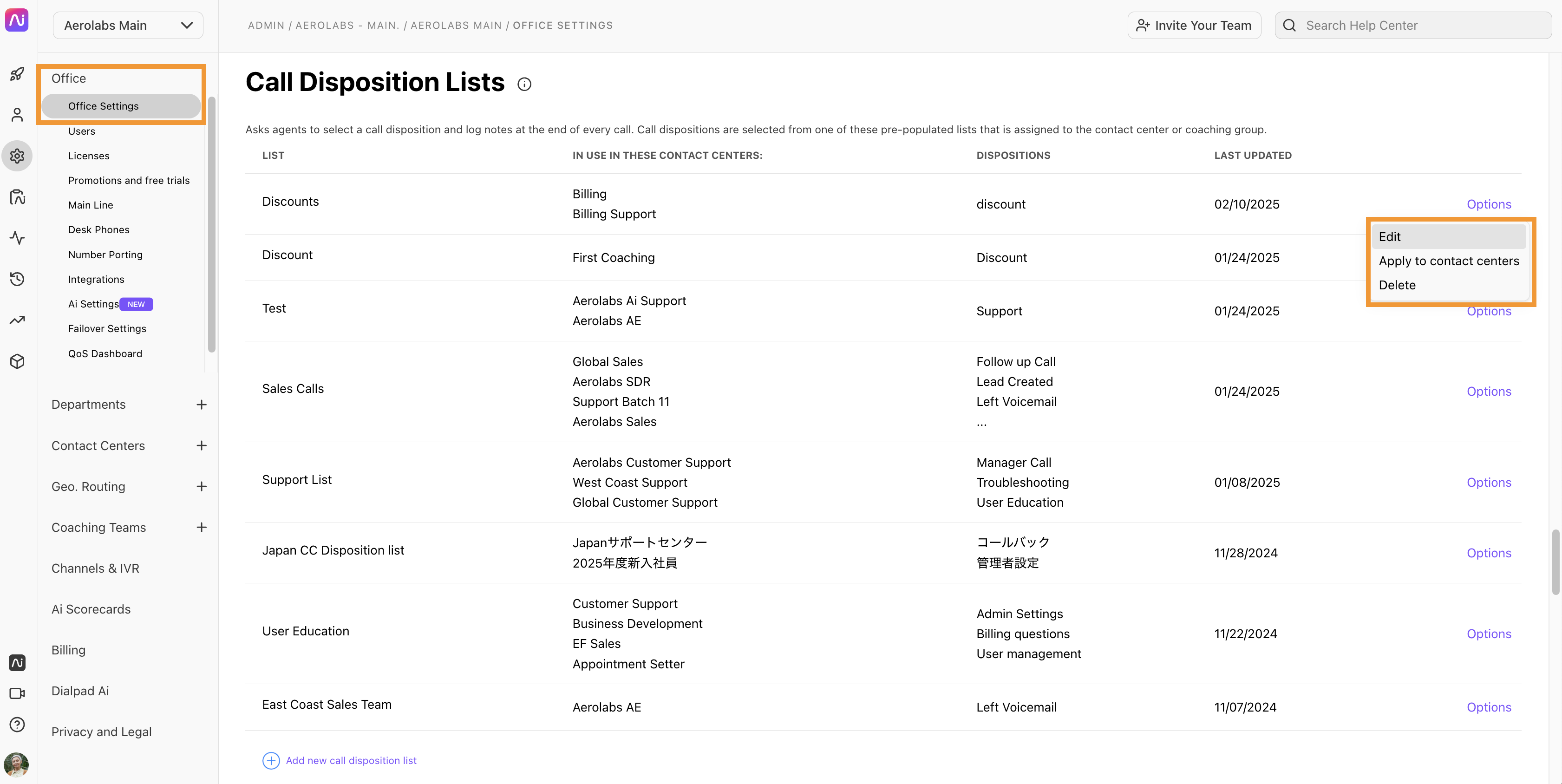 Overview of call disposition lists with option to edit settings.